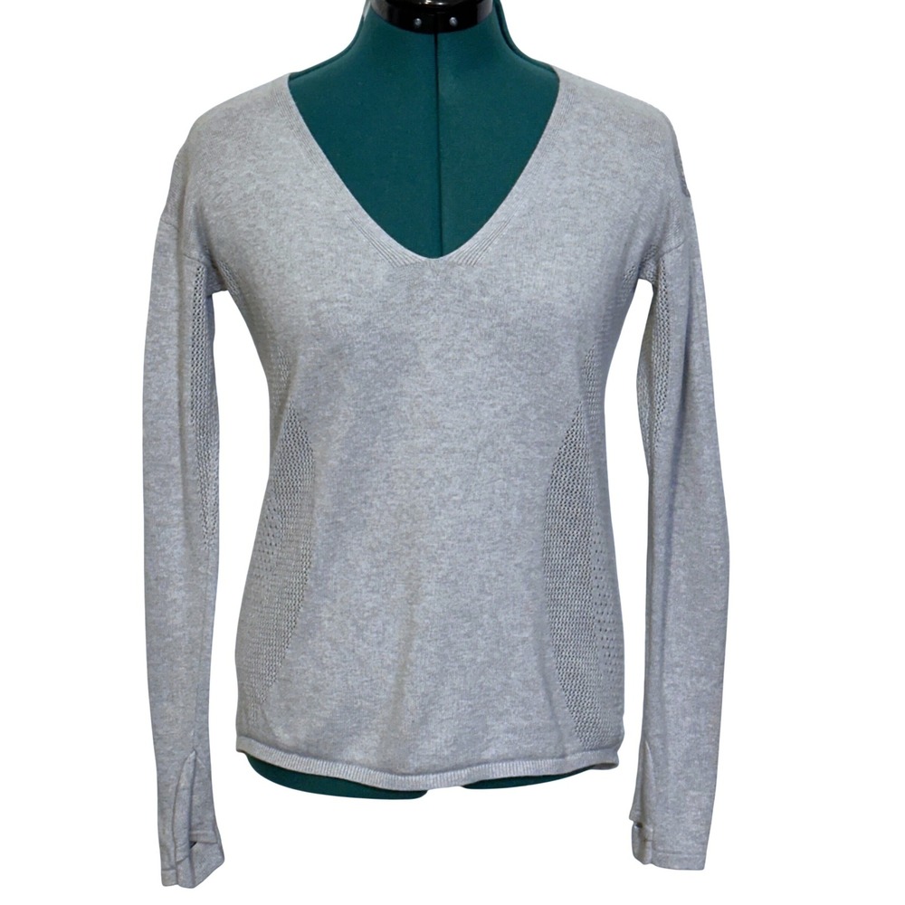Lululemon Womens blue V-Neck Pointelle Knit Sweater with Thumbholes
